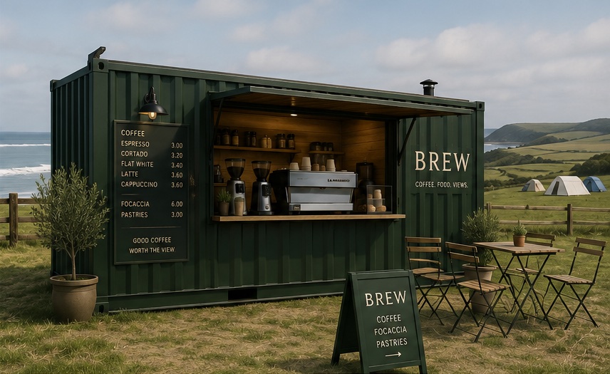 Concept image of the Brew container: a dark green shipping container with its serving hatch open, a menu board, tables outside and the sea behind.