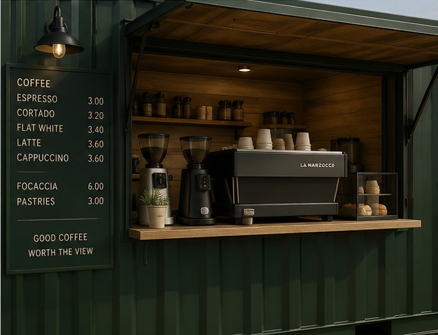 Concept image of the serving hatch, with an espresso machine, grinders and a pastry cabinet behind the counter.